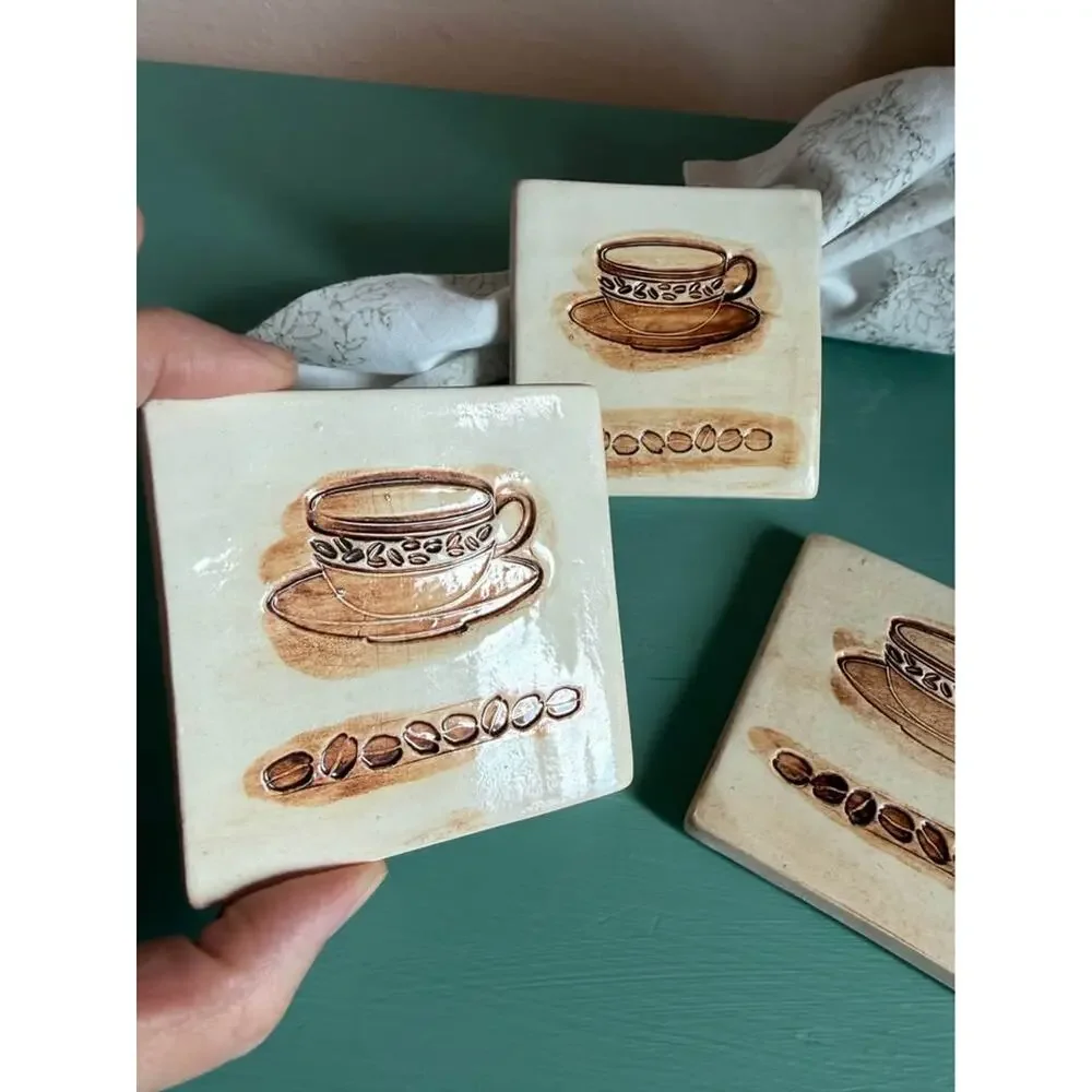 Set of 3 Ceramic Coffee-Themed Coasters | Café Kitchen Décor
